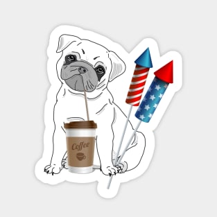 Pug Drinking Coffee with Fireworks Sticker